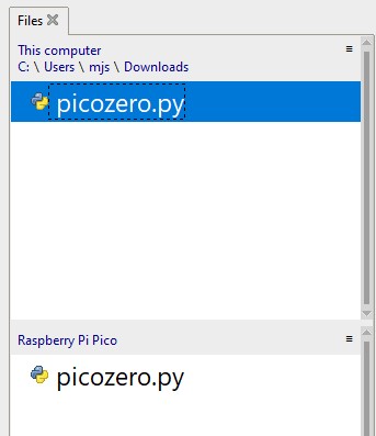 The picozero.py file shown in the Raspberry Pi Pico file viewer.