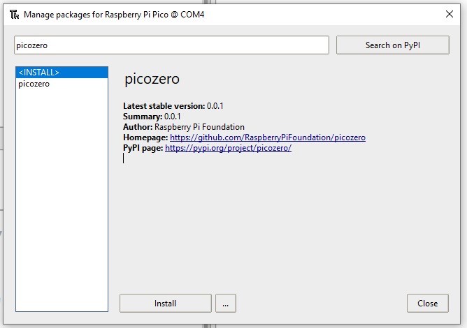 Information about the picozero package shown in the Manage Packages window