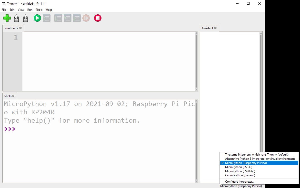 Selecting MicroPython (Raspberry Pi Pico) from the interpreter menu in the bottom right of the Thonny IDE