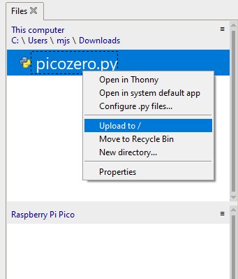 The "Upload to /" option selected in the picozero.py file menu